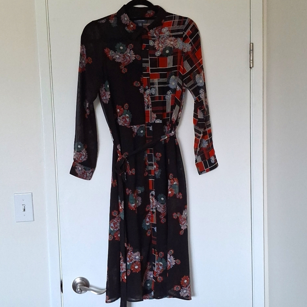 Modcloth XS Patterned Sheer Midi Shirtdress with Detached Slip & Tie Waist